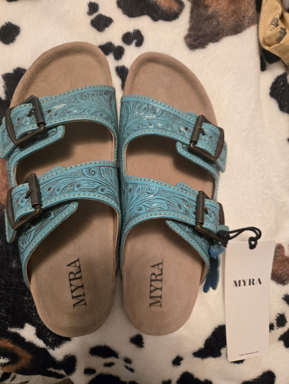 Myra Bag Turquoise Embossed Double-Buckle Sandals